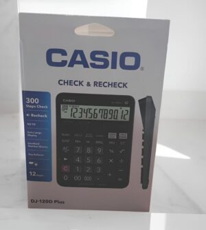 Casio DJ-120D Plus calculator box showing a large calculator image and the words 'CHECK & RECHECK'