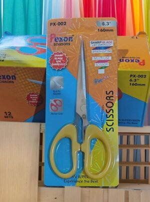 Packaged stainless steel scissors with yellow handles; blue-orange packaging labeled 'Exon Scissors' in 6.3 inch (160 mm) size