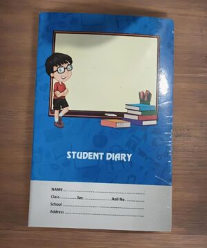 Blue student diary notebook with a cartoon boy leaning on a chalkboard and a stack of books; the words 'STUDENT DIARY' are on the cover.