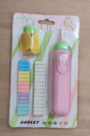 Pink electric eraser in pastel packaging with a green top, plus colorful eraser sticks and a white eraser strip included in the set.