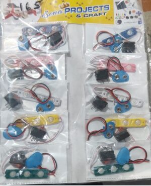 Assorted small electronics project kits in plastic packaging, labeled Sona Projects & Craft, each with colored plastic modules, wires, and connectors.