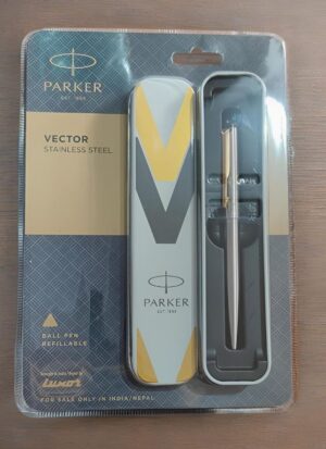 Parker Vector stainless steel ballpoint pen in blister packaging, with a silver body and a yellow-gray geometric cap design.