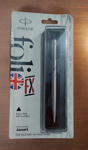 Parker FX ballpoint pen in plastic packaging; silver pen visible, refillable, with UK flag graphic on the packaging.
