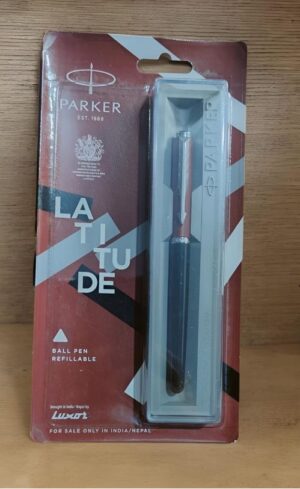 Parker Latitude ball pen in maroon packaging, showing a blue refillable pen inside a clear blister