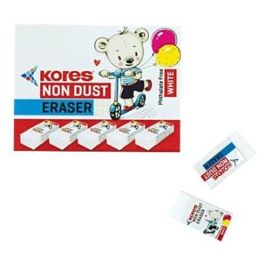 Kores Non Dust Eraser packaging with a cartoon bear and balloons; two erasers shown next to the box.