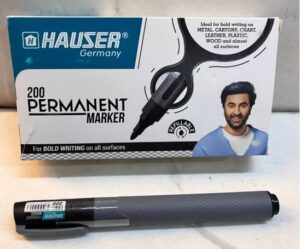 Hauser Germany 200 Permanent Marker box with a black marker in front, designed for bold writing on all surfaces.