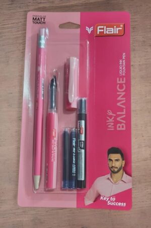 Pink Flair Ink Balance fountain pen set in blister packaging on a pink card, showing multiple writing instruments and ink refills arranged inside.