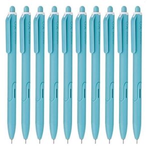 Twelve light blue retractable pens lined up side by side with clips and tips pointing down.