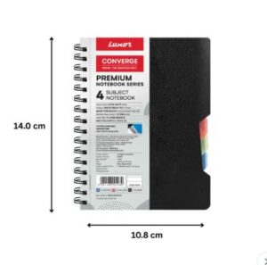 Spiral-bound premium notebook with a white front label, black cover on the right, and multicolored tab dividers; dimensions shown as 14.0 cm tall by 10.8 cm wide.