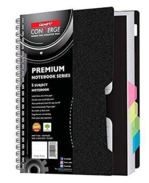 Black premium notebook set with spiral binding, labeled 'Premium Notebook Series' and multiple color‑coded divider tabs for 5 subjects (5‑subject notebook).