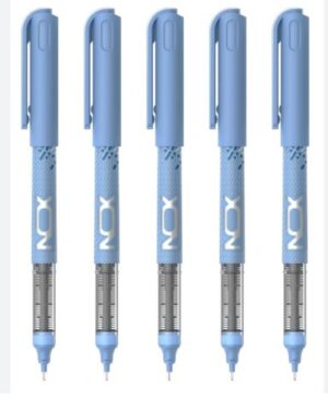 Five blue retractable pens with clips, lined up in a row against a white background.