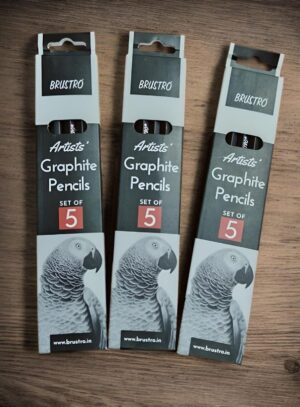 Three Brustro Artists' Graphite Pencils boxes (set of 5) lined up on a wooden surface, each featuring a parrot image on the lower half.