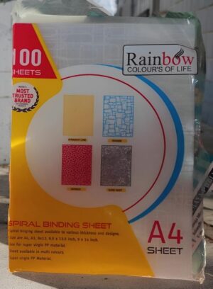 Front of a Rainbow spiral binding A4 sheet pack, 100 sheets, showing four color swatches and the 'Rainbow Colours of Life' logo