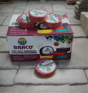 BRACO PVC self-adhesive electrical insulation tape box with several red tape rolls on top.