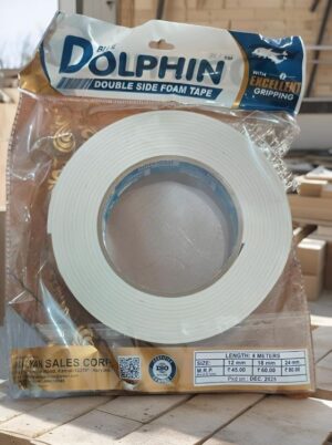 Dolphin double-sided foam tape roll in plastic packaging; label notes 4 m length and tape widths (12, 18, or 24 mm).