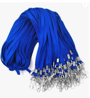 Blue nylon lanyards with silver metal clip attachments arranged in a fan shape for badge use.
