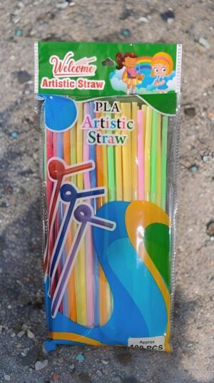 Bag of approximately 100 colorful plastic drinking straws and craft shapes labeled 'PLA Artistic Straw' for arts and crafts.