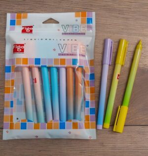 Pastel-colored Vibe liquid roller pens in a decorative package on a wooden surface, with three loose pastel pens beside it on the right.