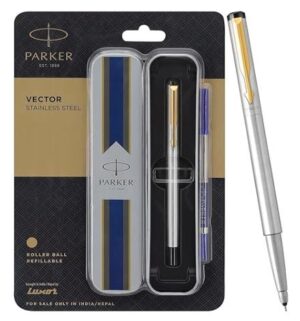 Parker Vector stainless steel rollerball pen gift set in a black/gold blister pack with a silver pen and spare components in a clear case.