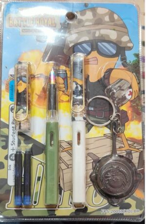 Battle Royal-themed stationery set in a blister pack with pens, pencils, erasers, and a keychain compass beside a cartoon soldier image.