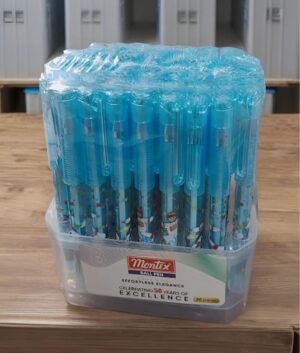 Pack of 50 blue Montel/Montex ballpoint pens with transparent blue caps in a clear plastic case on a wooden table (office supply display).