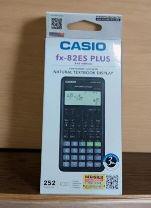 Box of Casio fx-82ES PLUS calculator (2nd edition) showing product image and features on packaging, Natural Textbook Display note visible