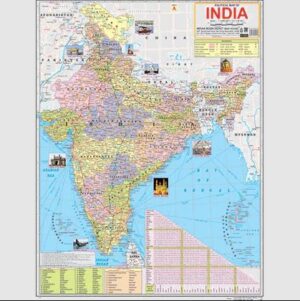 Political map of India with state boundaries and major cities, including inset pictures of landmarks.