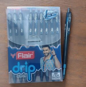 Pack of Flair drip retractable gel pens in blue packaging, 10 pens visible, with a pen lying beside the box on a wooden surface; cover shows a smiling man.