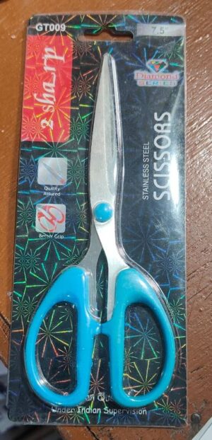 Blue-handled stainless steel scissors in retail packaging, labeled 'Stainless Steel Scissors' with turquoise grips and a blue snap at the pivot area, 7.5" long kit