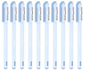 Row of blue ballpoint pens with caps, aligned in a neat line side by side.
