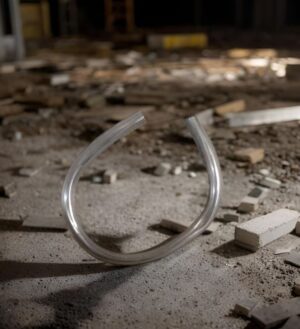 Bent transparent PVC tubing on a dusty construction floor amid scattered bricks and debris.90 concise description of the scene and object's purpose (informative).