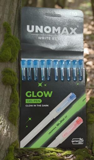 Unomax Glow gel pen set in packaging, blue-ink pens visible at the top and neon-colored pens at the bottom; displayed outdoors among mossy trees.