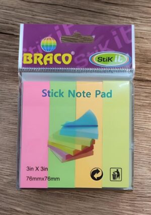 Packaged sticky note pad with bright pink, lime green, yellow and orange notes; includes stacked-notes graphic and the text 'Stick Note Pad' on the front. Brand 'BRACO' and 'Stik it' logo visible; size 3in x 3in (76mm x 76mm).