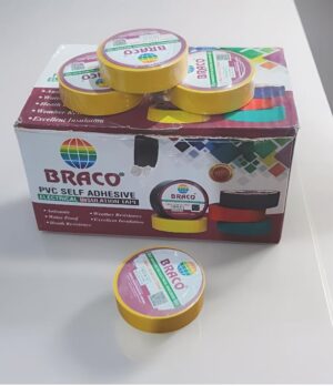 Box of BRACO PVC self-adhesive electrical insulation tapes with colorful rolls on top; foreground shows a single yellow tape roll and the box features BRACO branding and product image.