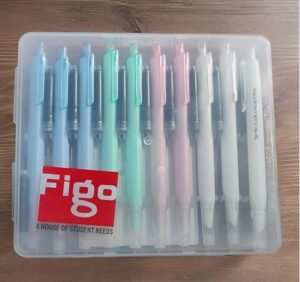 Transparent plastic pencil case containing a row of pastel-colored gel pens with clips; colors include blue, green, mint, pink, and white, with a red 'Fig' sticker on the bottom left.