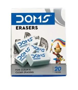 Box of DOMS erasers, 20 pieces, shown on packaging with blue branding, multiple white/blue erasers, and a small cartoon figure on the box.