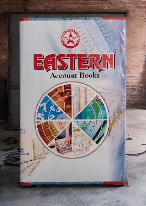 Outdoor sign reading 'EASTERN Account Books' with a circular color-wheel graphic against a brick wall.