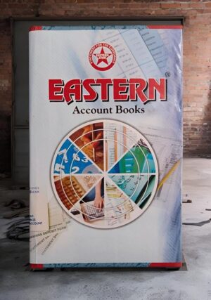 Large sign reading EASTERN Account Books with a circular collage of financial images, outdoors against a brick wall.