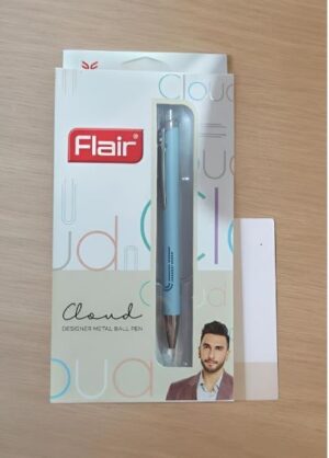 Flair Cloud designer metal ball pen in light packaging with window, pen visible; image of a man in a suit in the bottom right corner.