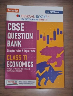 Book cover: Oswaal CBSE Question Bank for Class 11 Economics, maroon and yellow panels with tiger graphic and stock-chart accents,© Bestseller, For 2027 Exam title visible.