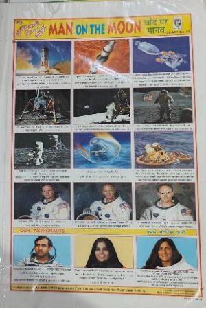 Colorful poster titled 'MAN ON THE MOON' with a grid of panels showing rockets, lunar module, Moon surface scenes, and astronaut portraits for education/awareness.