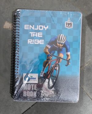 Spiral notebook cover with a cyclist in blue riding a road bike on a blue checkered background and the text 'ENJOY THE RIDE'
