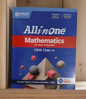 Cover of 'All in One Mathematics for Basic & Standard, CBSE Class 10' with blue background, red band, and 3D geometric shapes illustration.