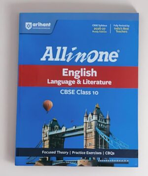 Blue Arihant 'All in One' English Language & Literature CBSE Class 10 textbook cover with Tower Bridge image and 'Focused Theory | Practice Exercises | CBQs' at bottom