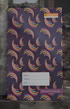 Purple notebook covered in colorful rainbow arc patterns, with a small Evergreen brand tag and a white tab for name/subject/year.