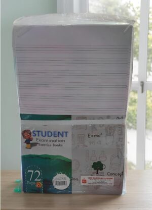 Pack of student examination exercise books wrapped and stacked on a table, 72 pages indicated on cover