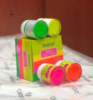 Neon acrylic paint set with three open jars (green, yellow, pink) resting on a colorful Fevicryl box on a white surface.