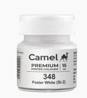 Small white jar labeled Camel Premium Poster Colours, 15 ml, color 348 Poster White (Sr.2)