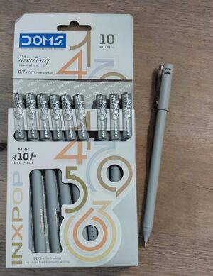 Box of 10 gray ballpoint pens with 0.7 mm tips, brand DOMS, package labeled 'The writing revolution' beside a single gray pen on a wooden surface.