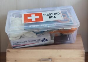 Clear plastic first aid box on a wooden surface, labeled 'First Aid Box' with supplies visible inside.